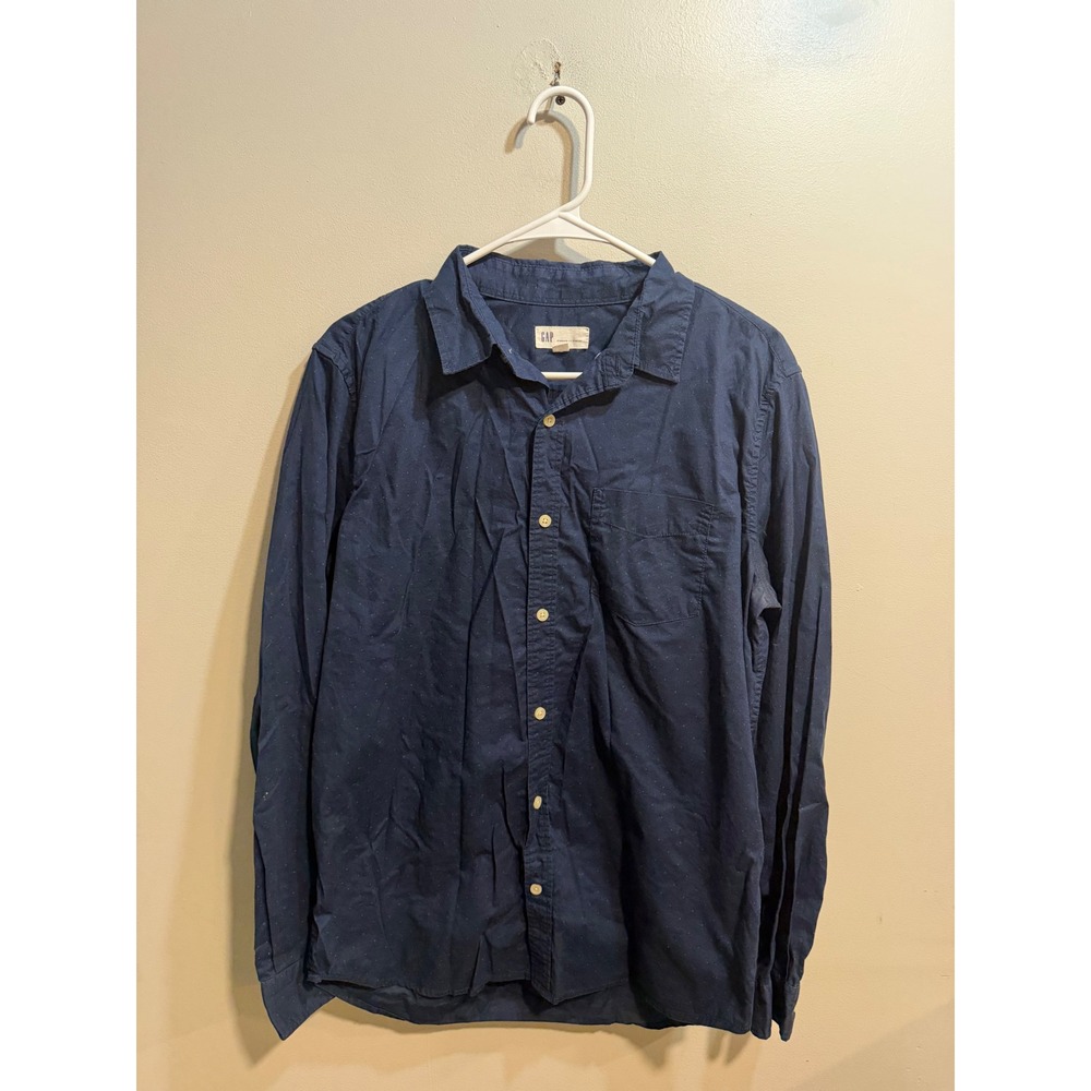 Gap Mens Navy Blue Micro Dot Standard Fit Stretch Button Down Shirt Medium